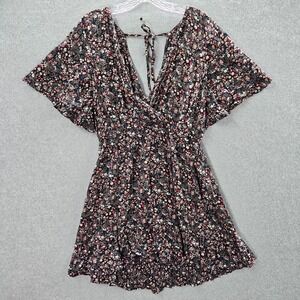 Angie Women Dress Large Black Floral Mini A Line‎ Boho Faux Wrap Flutter Sleeve
